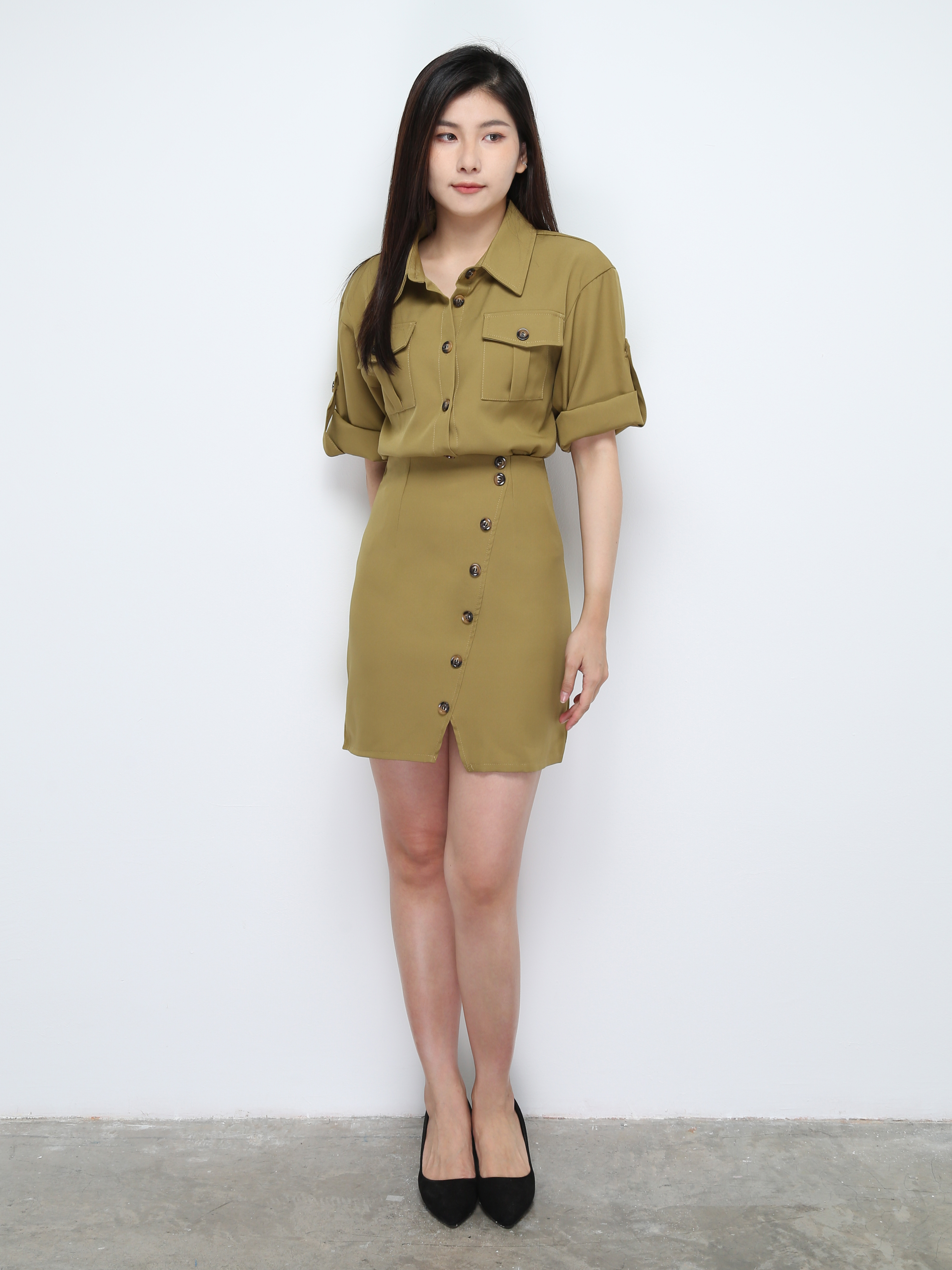 Short Sleeve Front Button Top With Skirt Set 28192