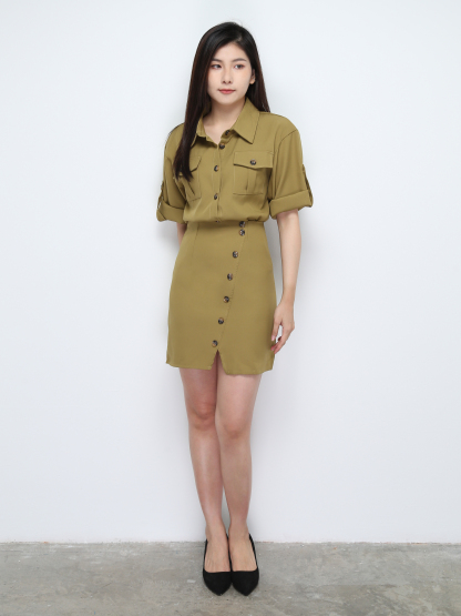Short Sleeve Front Button Top With Skirt Set 28192