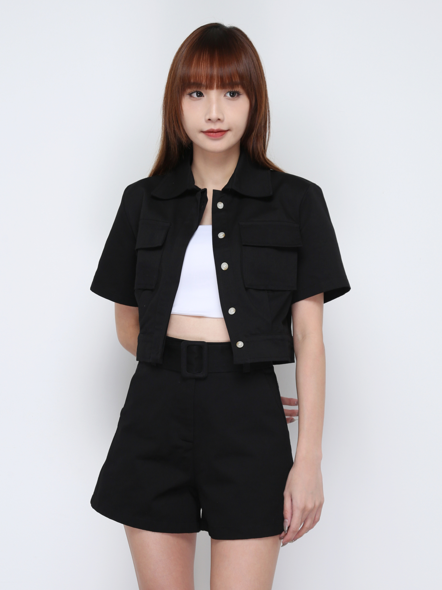 Short Sleeve Front Button Top With Short Pant With Belt Set 29906