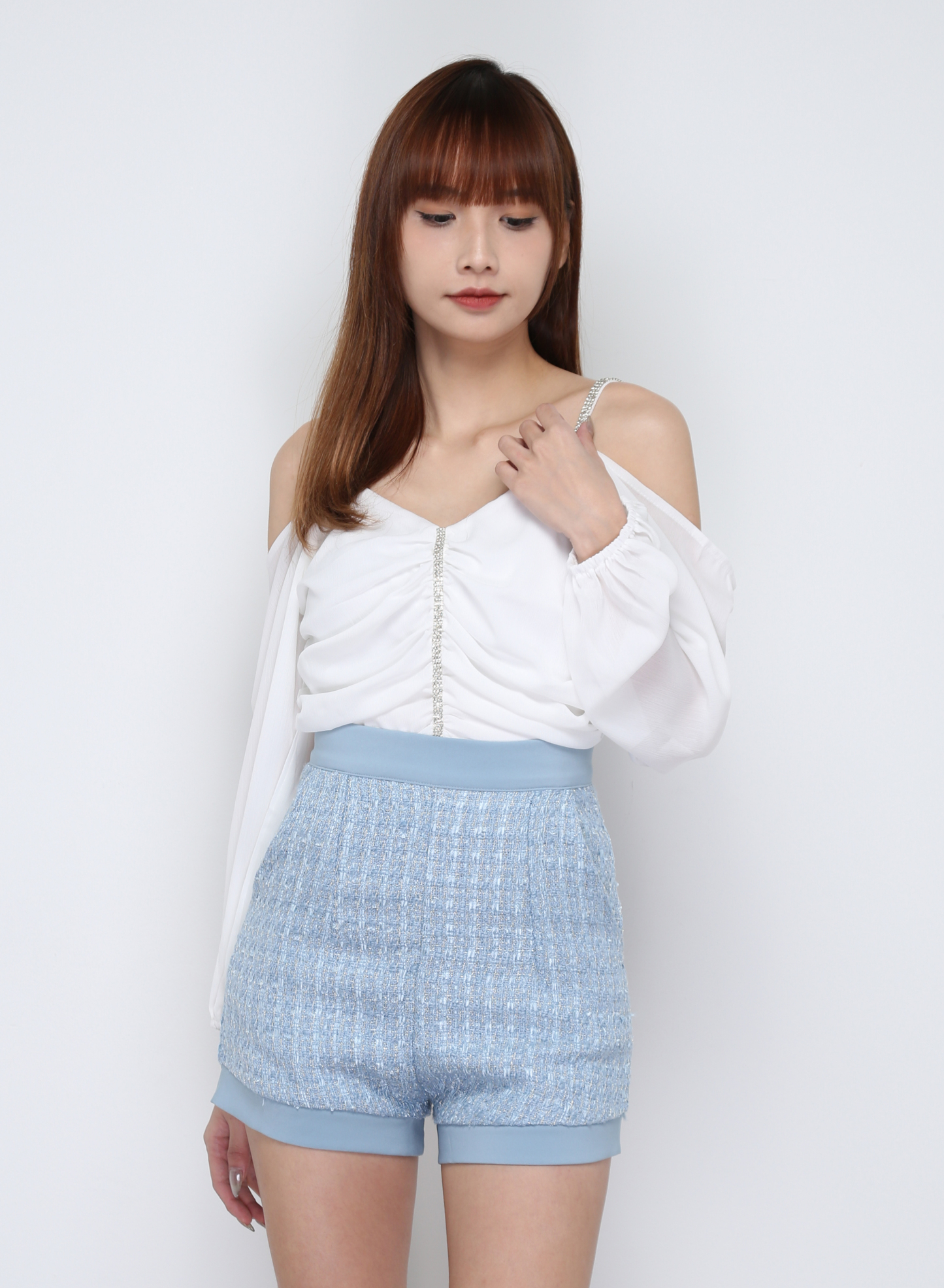 Off Shoulder With Strap Front Pleated Top 29698