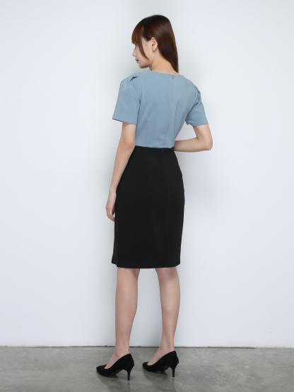 Two Tones Collared Puff Sleeve Fake Button Dress 18242