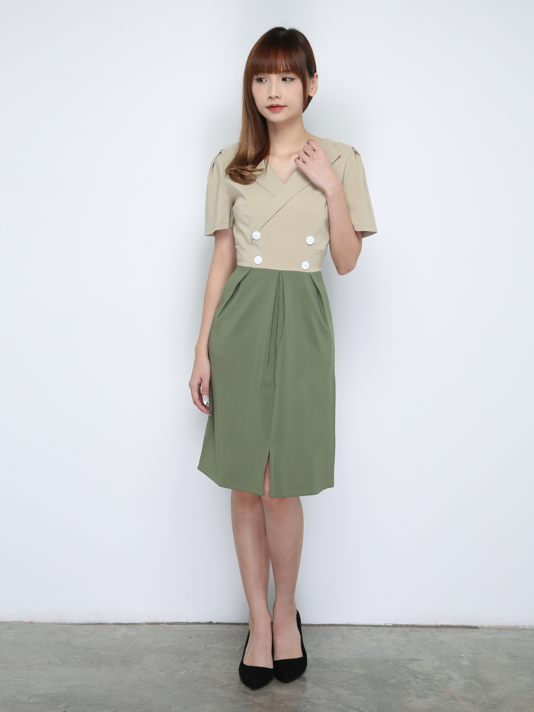Two Tones Collared Puff Sleeve Fake Button Dress 18242