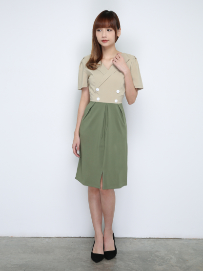 Two Tones Collared Puff Sleeve Fake Button Dress 18242