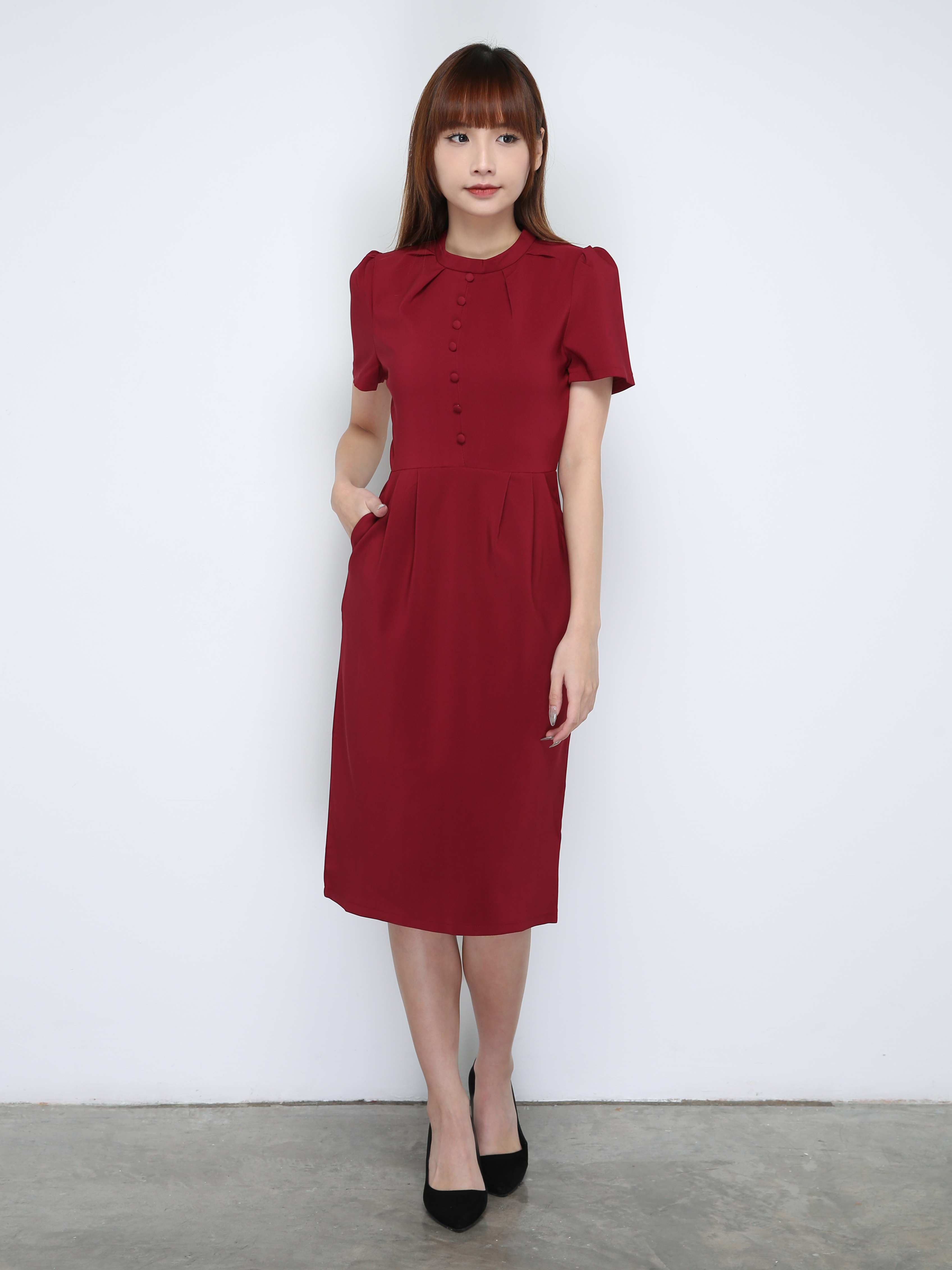 High Neck Fake Button Short Sleeve Dress 18241