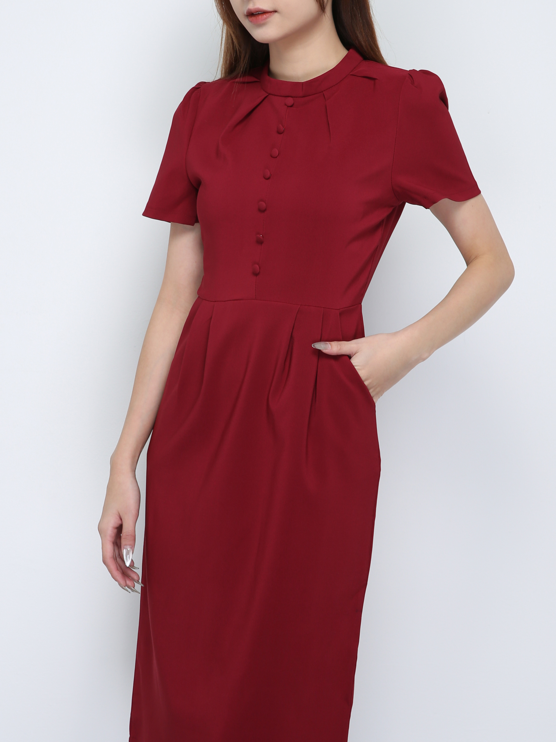 High Neck Fake Button Short Sleeve Dress 18241