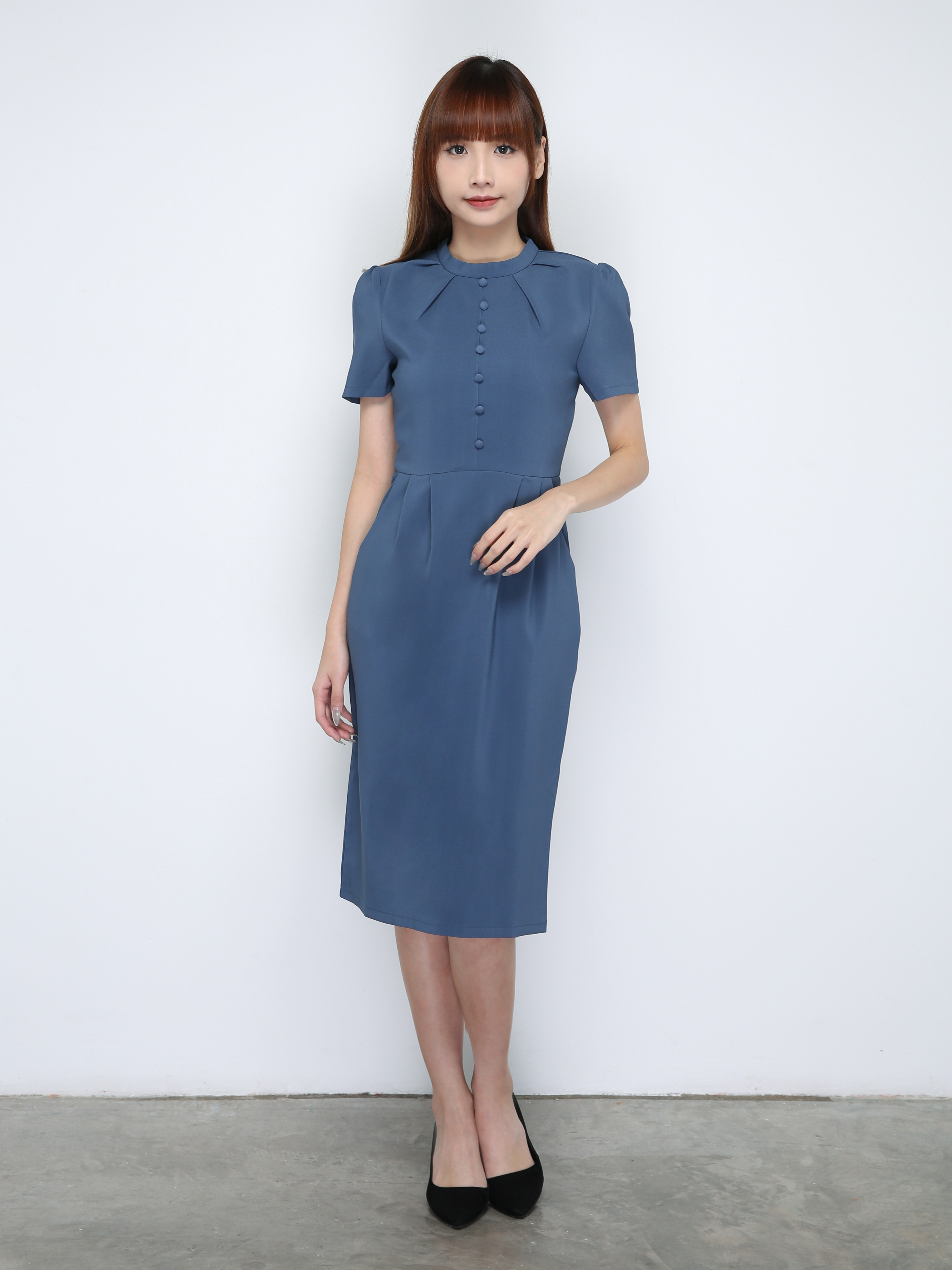 High Neck Fake Button Short Sleeve Dress 18241