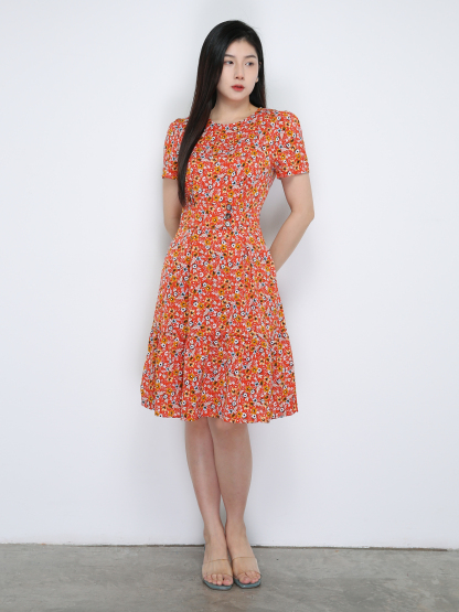 Floral Round Neck Flare Dress 18855
