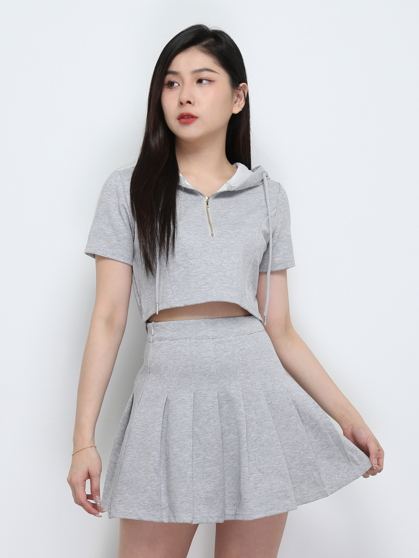 Casual Wear With Cap Top With Pleated Skirt Set 29334