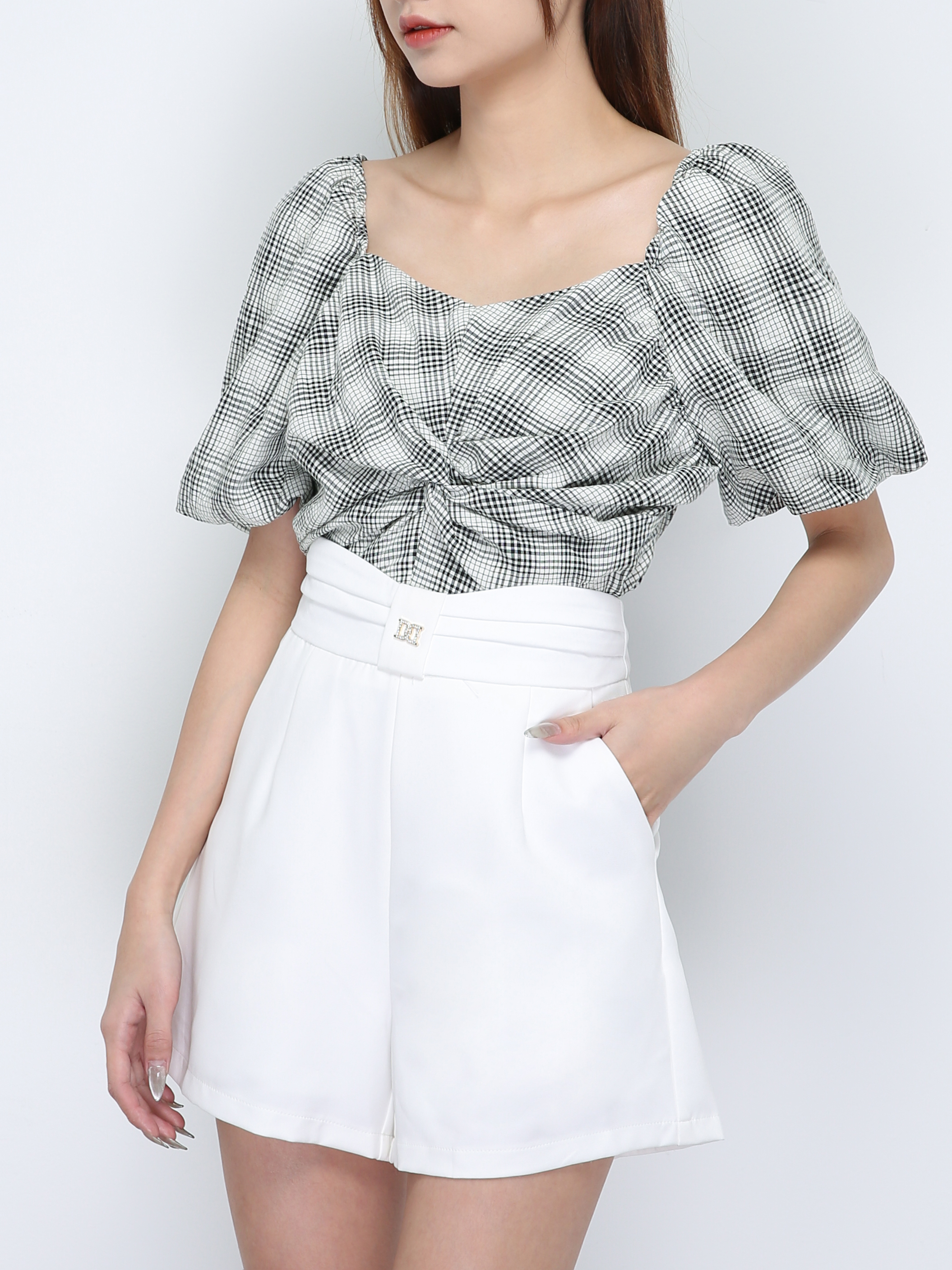 Checker Off Shoulder Short Sleeve Pleat Top 18218