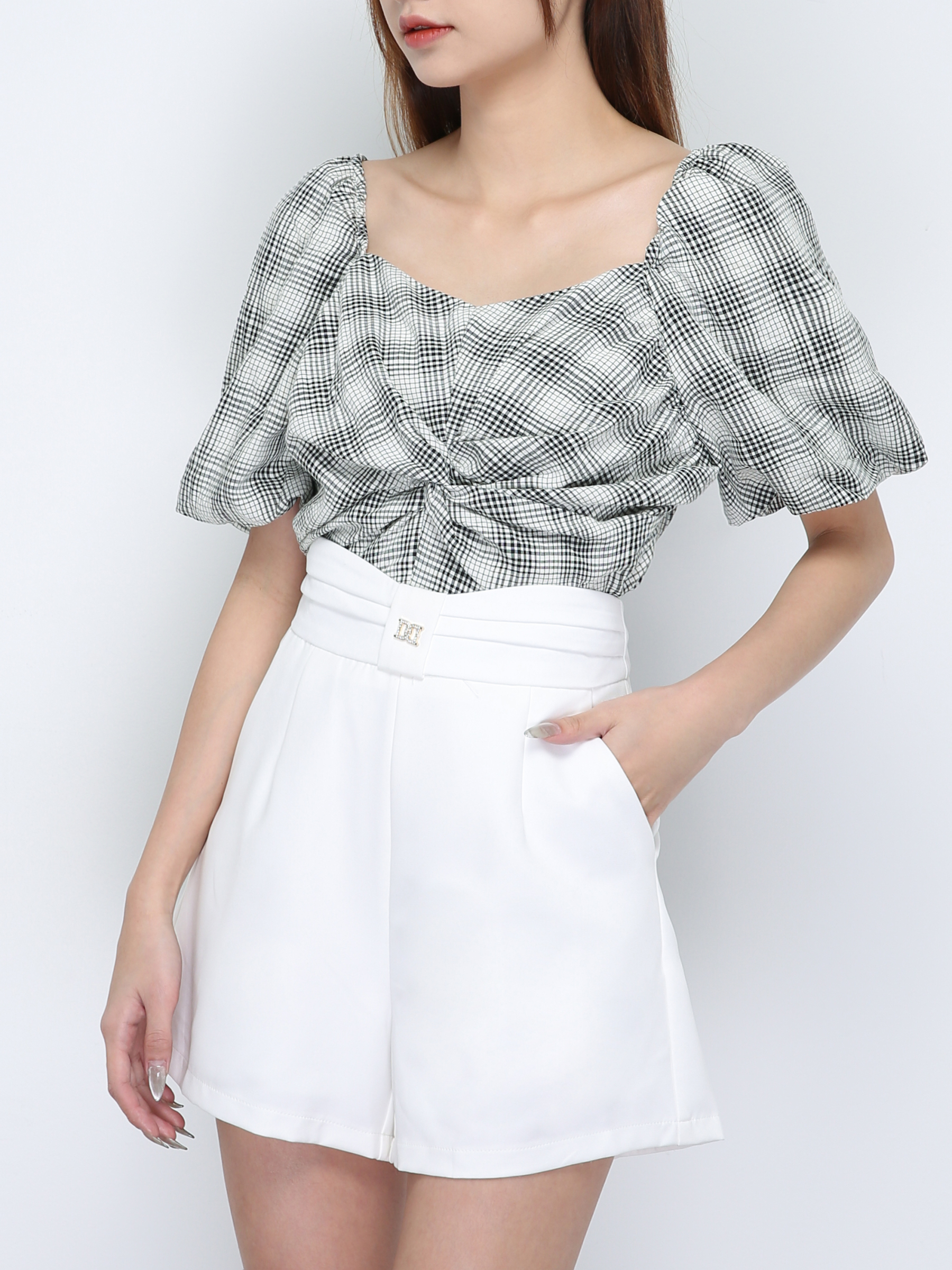 Checker Off Shoulder Short Sleeve Pleat Top 18218