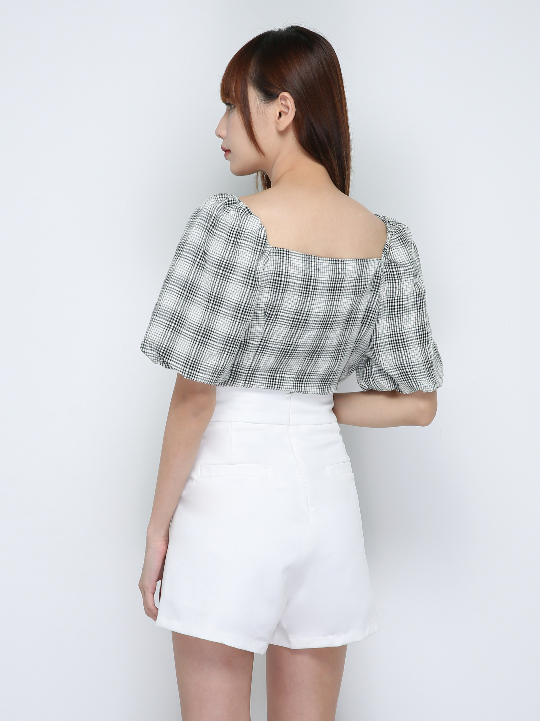 Checker Off Shoulder Short Sleeve Pleat Top 18218