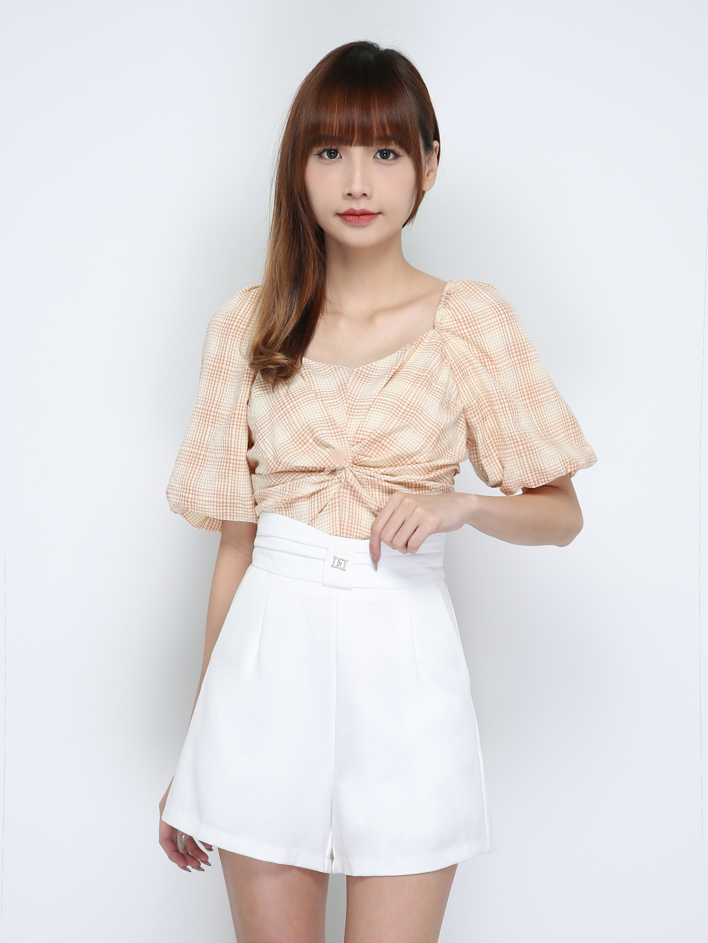 Checker Off Shoulder Short Sleeve Pleat Top 18218