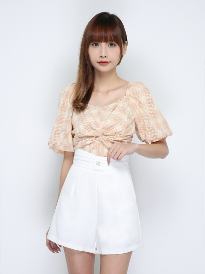 Checker Off Shoulder Short Sleeve Pleat Top 18218