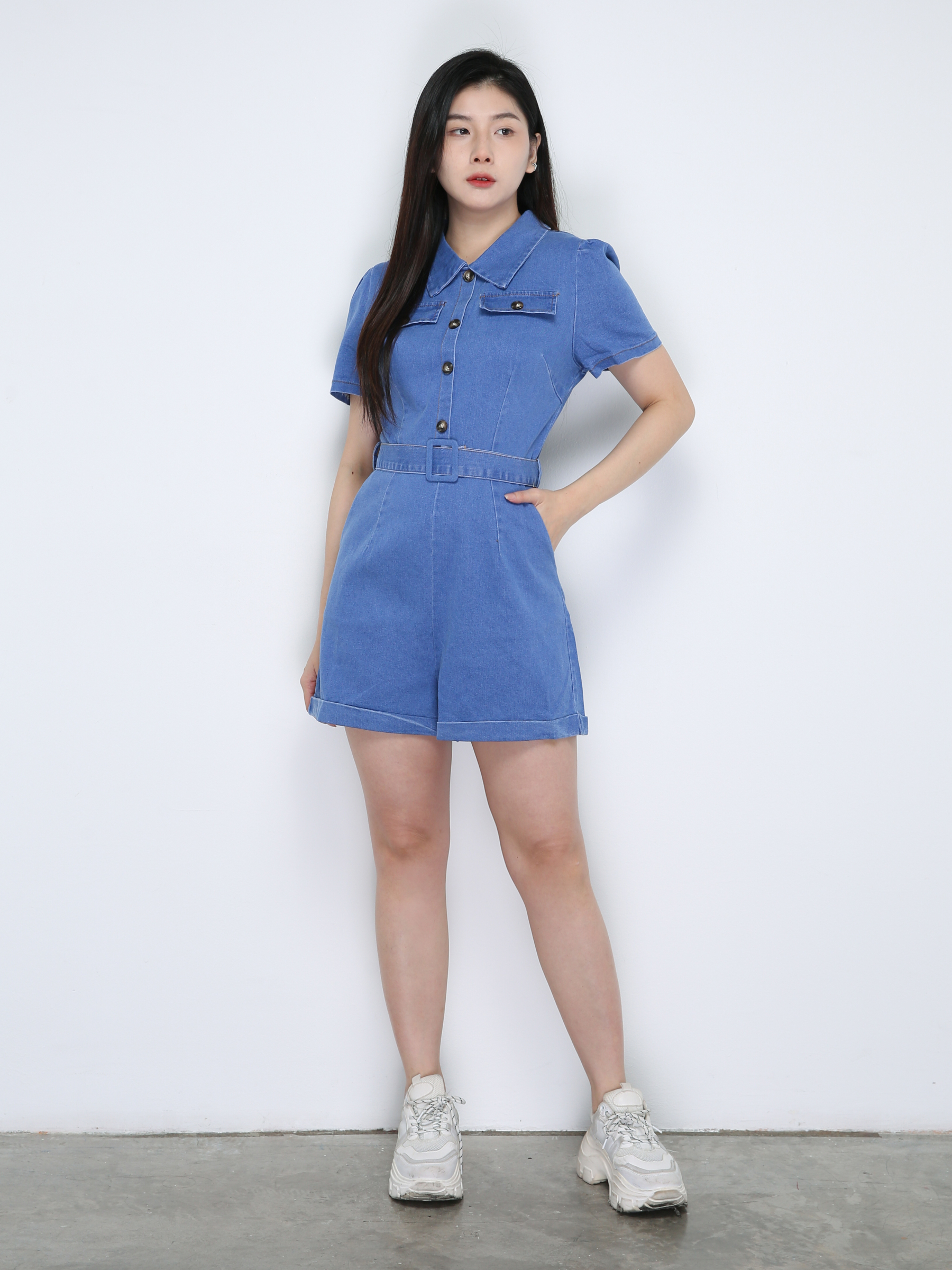 Denim Front Button Short Sleeve With Belt Jumpsuits 18832