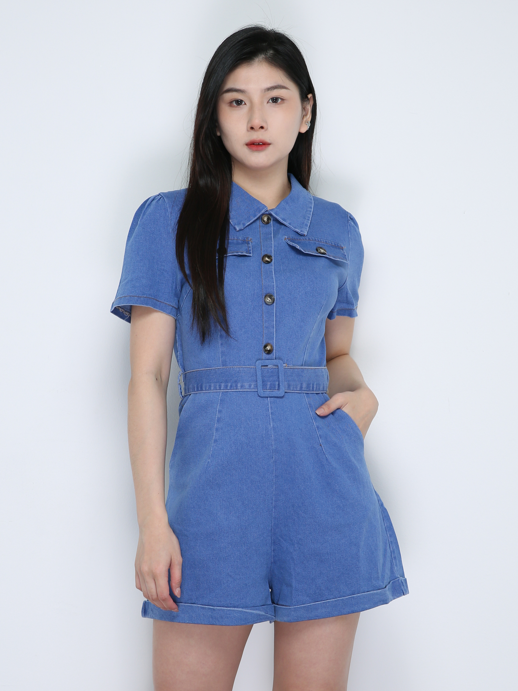 Denim Front Button Short Sleeve With Belt Jumpsuits 18832