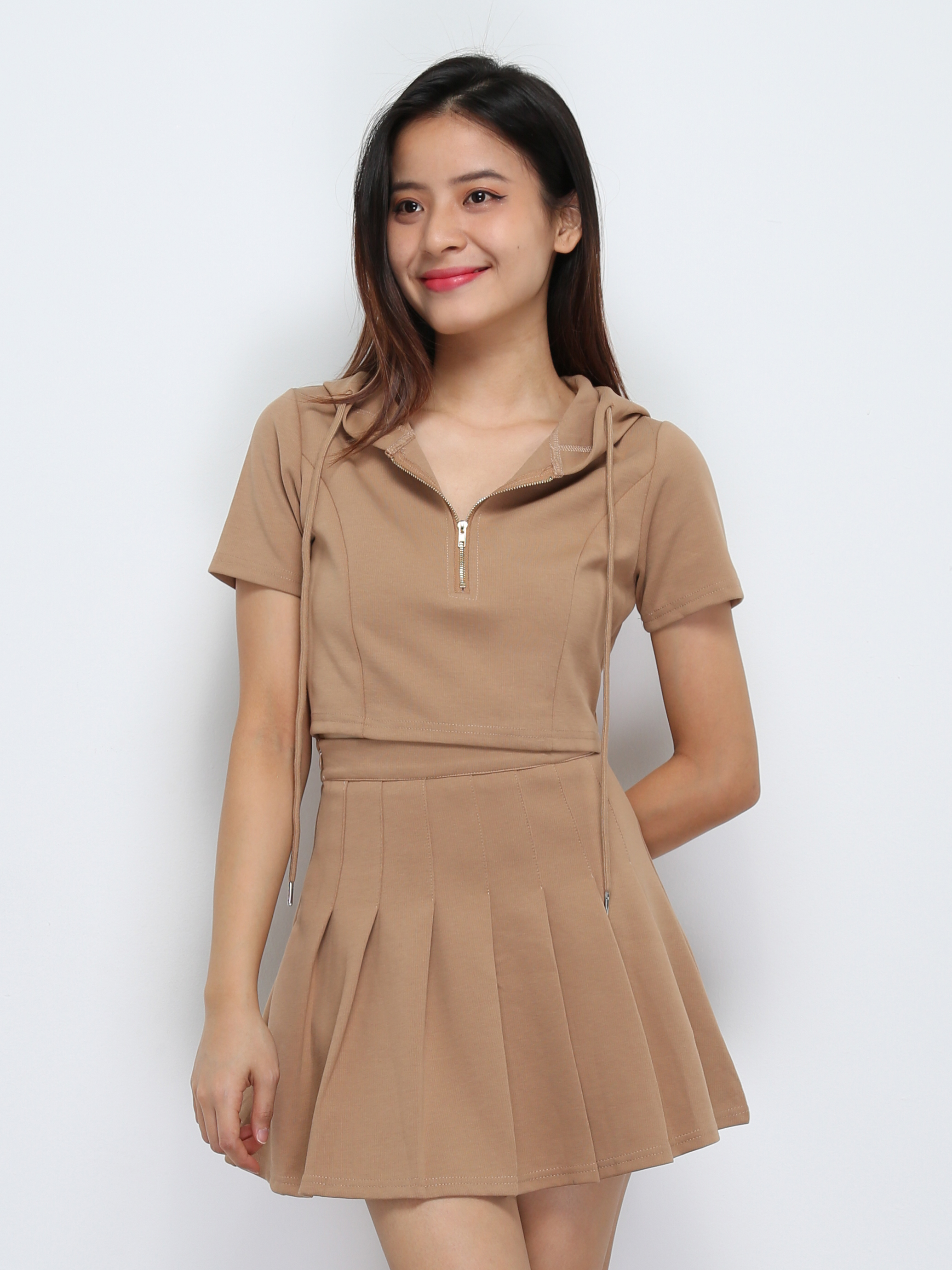 Casual Wear With Cap Top With Pleated Skirt Set 29334