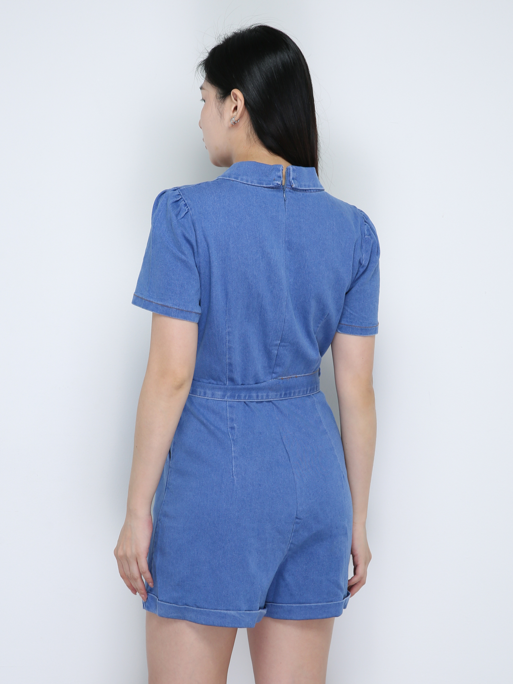 Denim Front Button Short Sleeve With Belt Jumpsuits 18832