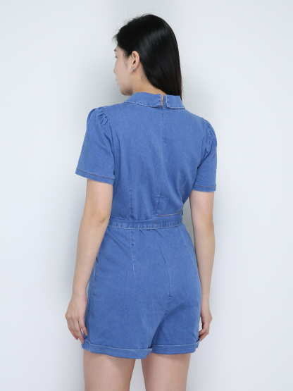 Denim Front Button Short Sleeve With Belt Jumpsuits 18832