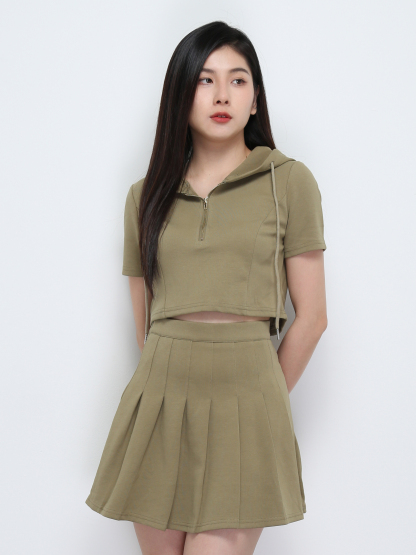Casual Wear With Cap Top With Pleated Skirt Set 29334