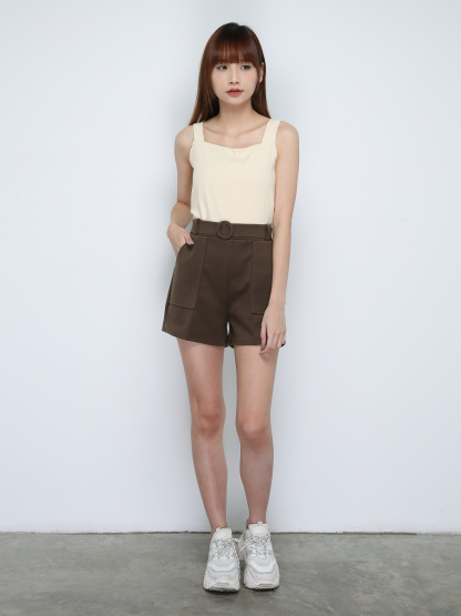 High Waist Two Pocket With Belt Short Pants 18244