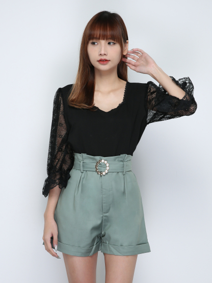 High Waist Plain With Belt Short Pants 18440