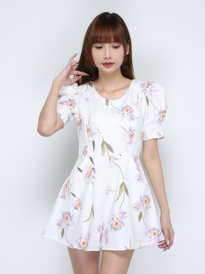 Floral Puff Sleeve Two Pocket Jumpsuit 18208