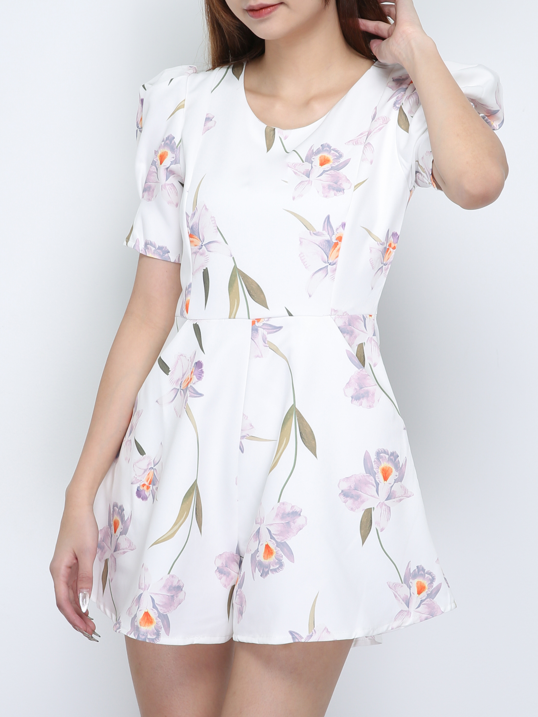 Floral Puff Sleeve Two Pocket Jumpsuit 18208