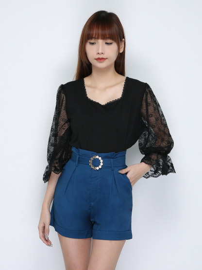 High Waist Plain With Belt Short Pants 18440
