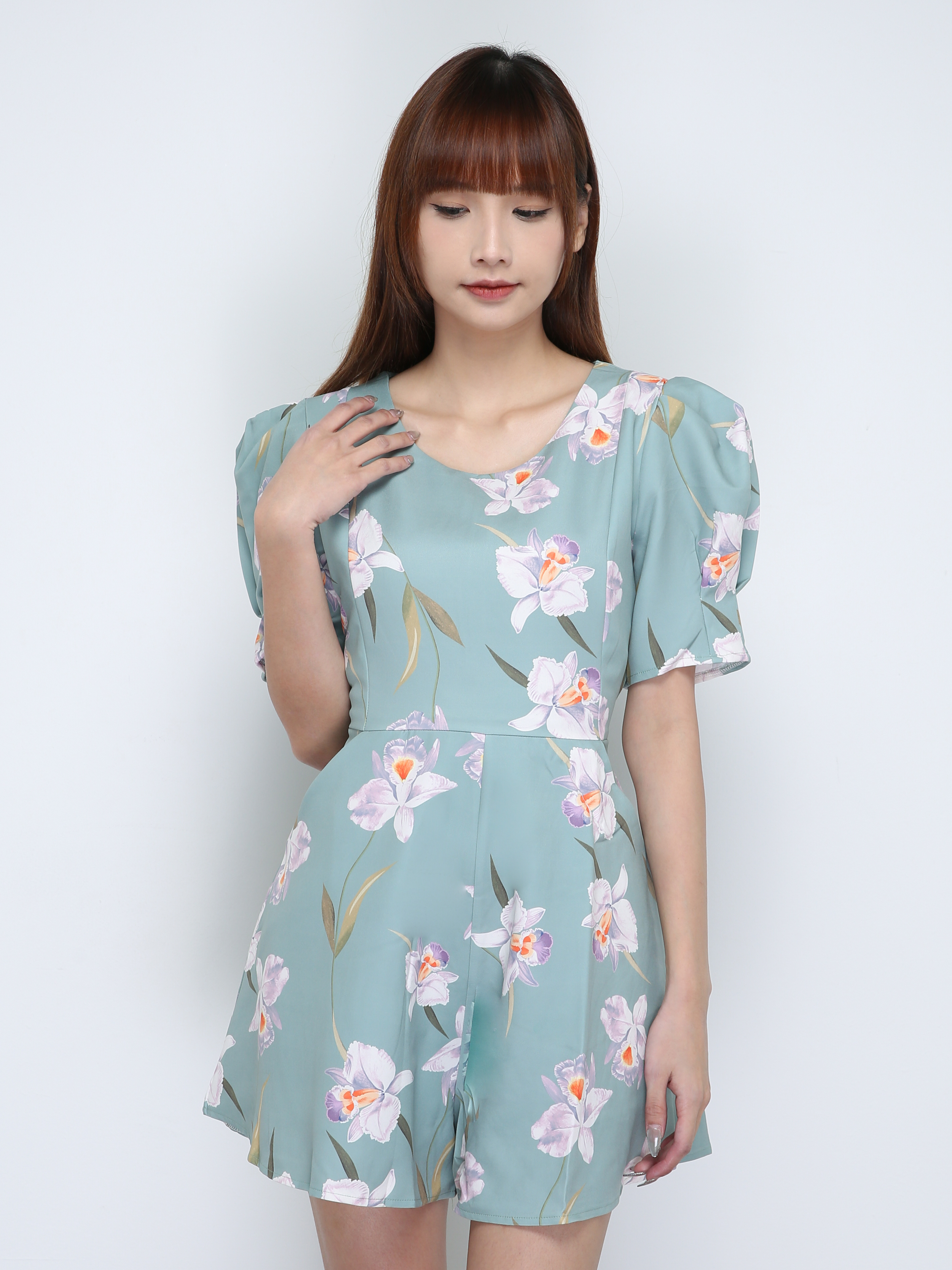 Floral Puff Sleeve Two Pocket Jumpsuit 18208