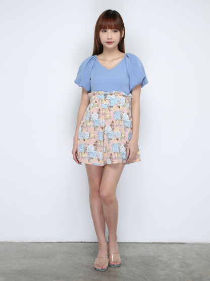 Two Tones V Neck Puff Sleeve Jumpsuit 18136