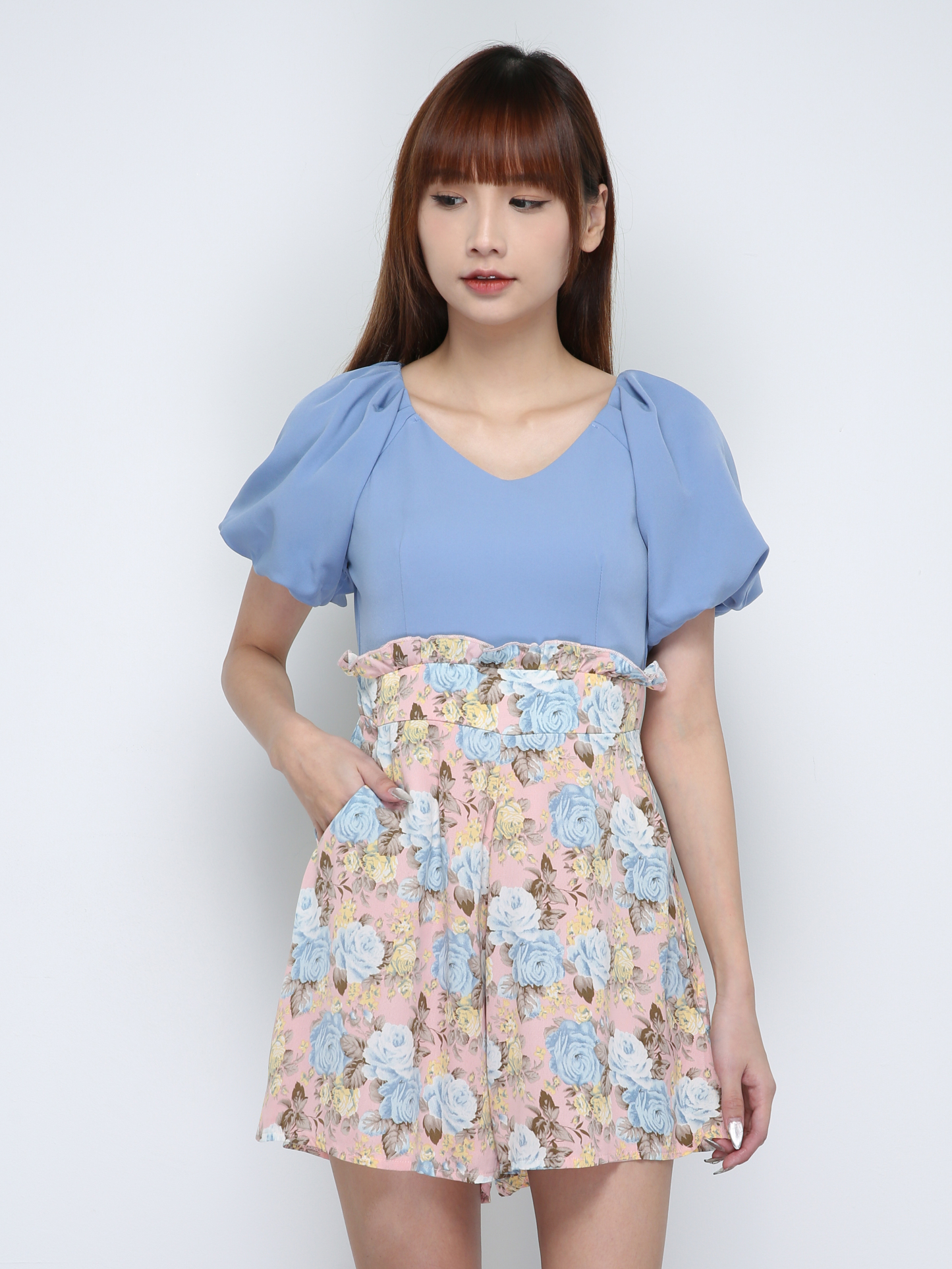 Two Tones V Neck Puff Sleeve Jumpsuit 18136