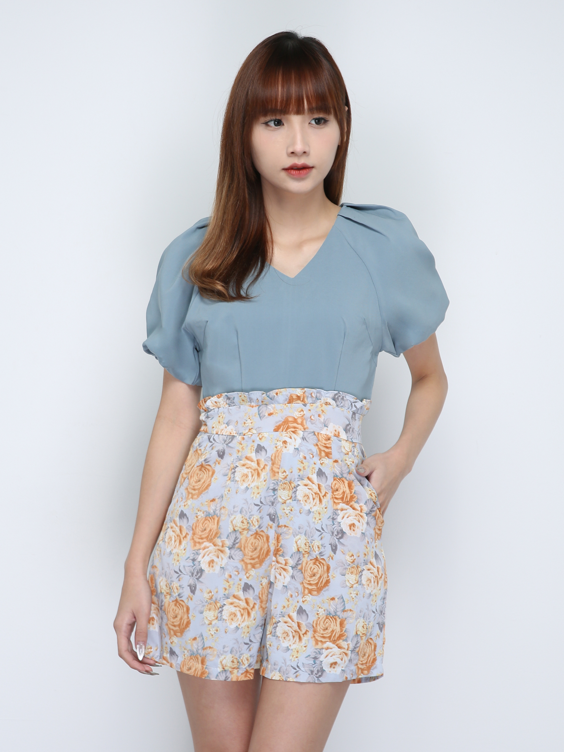 Puff Sleeve V Neck With Flower Pattern Jumpsuit 18745