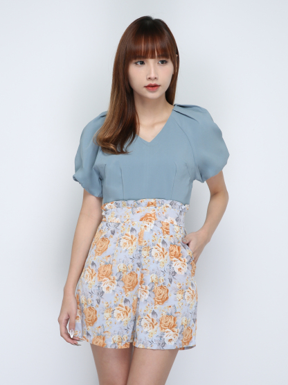 Puff Sleeve V Neck With Flower Pattern Jumpsuit 18745