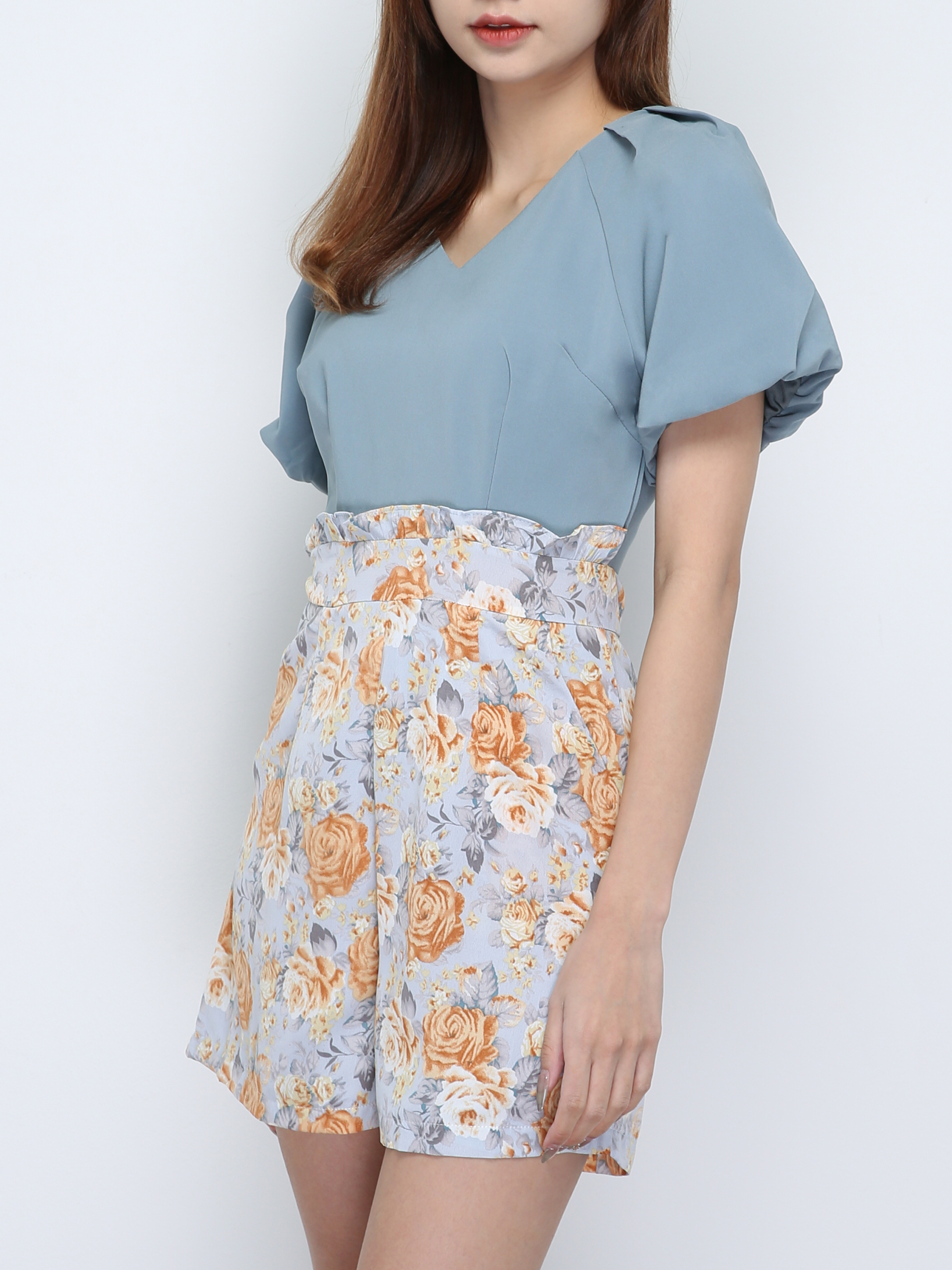 Puff Sleeve V Neck With Flower Pattern Jumpsuit 18745