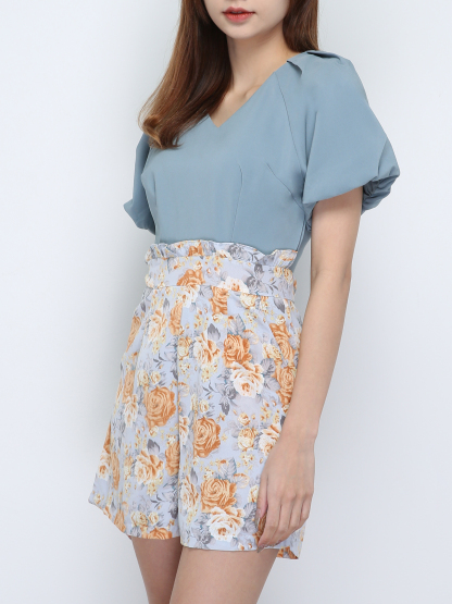 Puff Sleeve V Neck With Flower Pattern Jumpsuit 18745