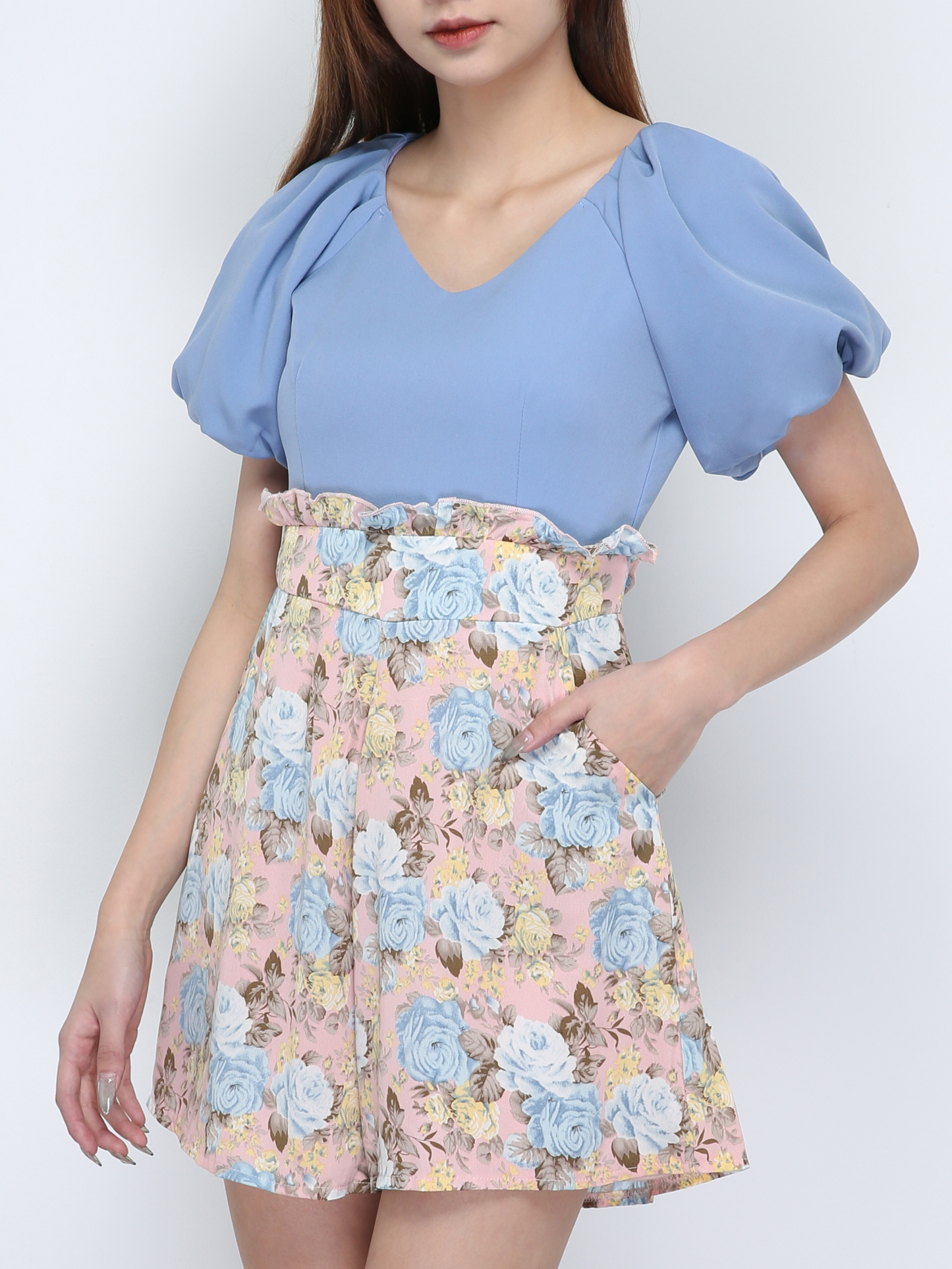 Two Tones V Neck Puff Sleeve Jumpsuit 18136
