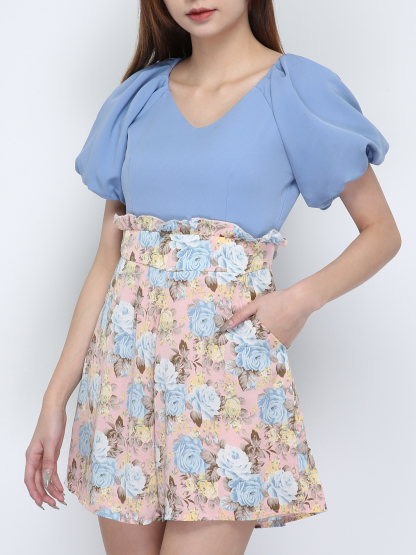 Two Tones V Neck Puff Sleeve Jumpsuit 18136