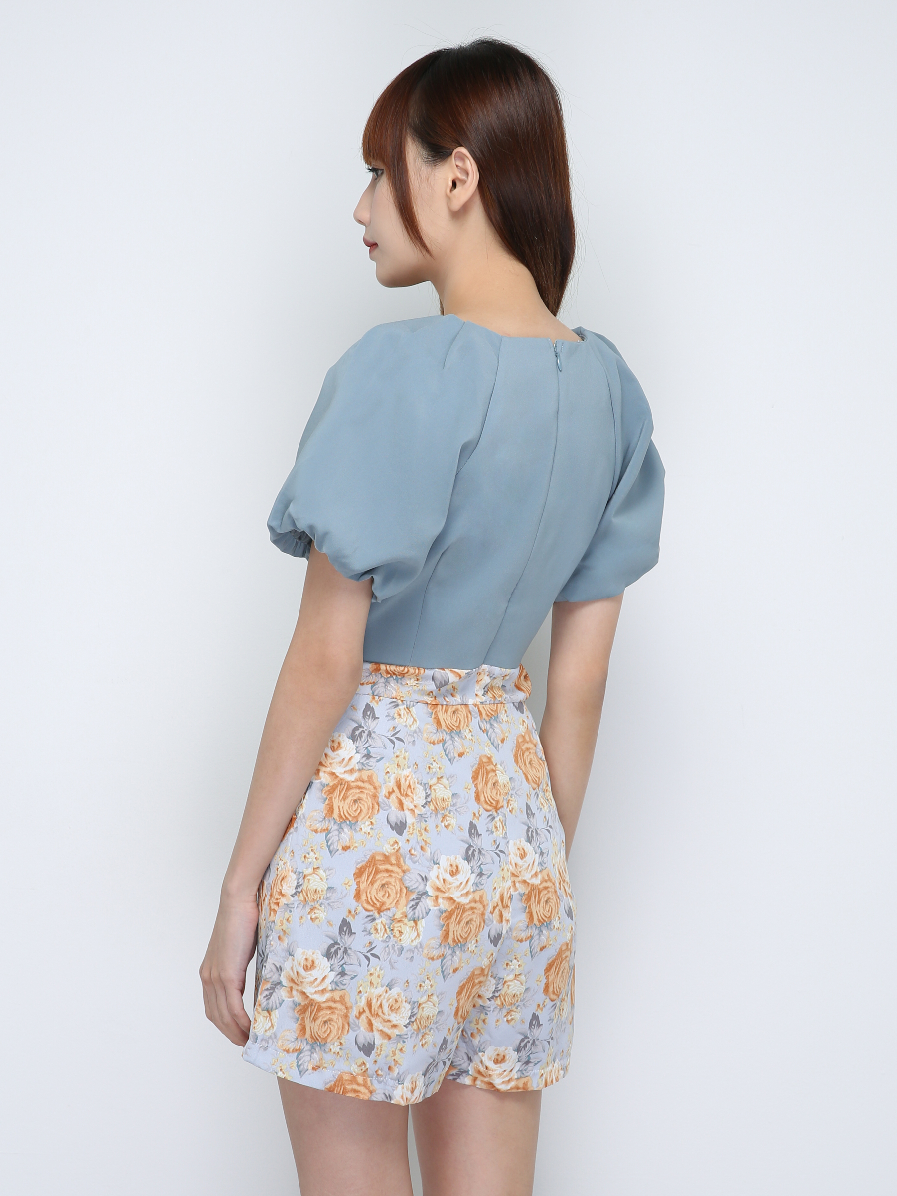 Puff Sleeve V Neck With Flower Pattern Jumpsuit 18745