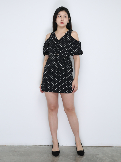 V Neck Polka Dot Drwastring Dress 18880