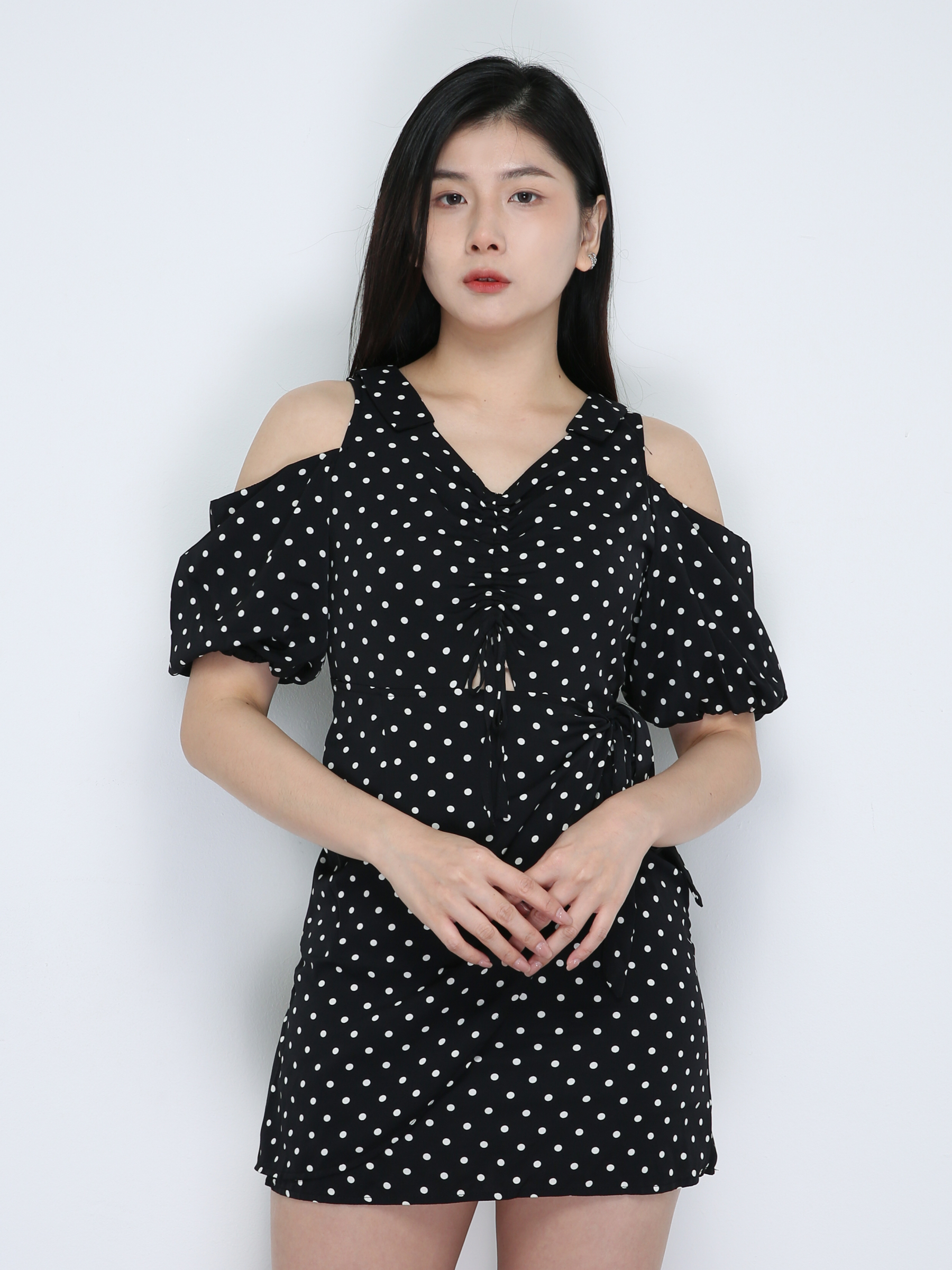 V Neck Polka Dot Drwastring Dress 18880