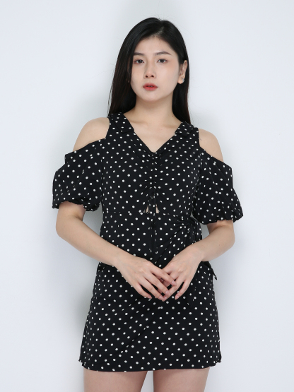 V Neck Polka Dot Drwastring Dress 18880