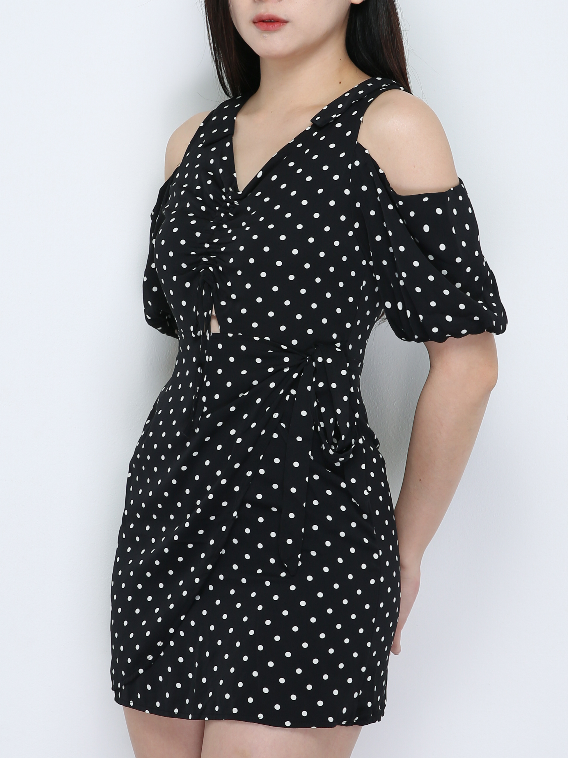V Neck Polka Dot Drwastring Dress 18880