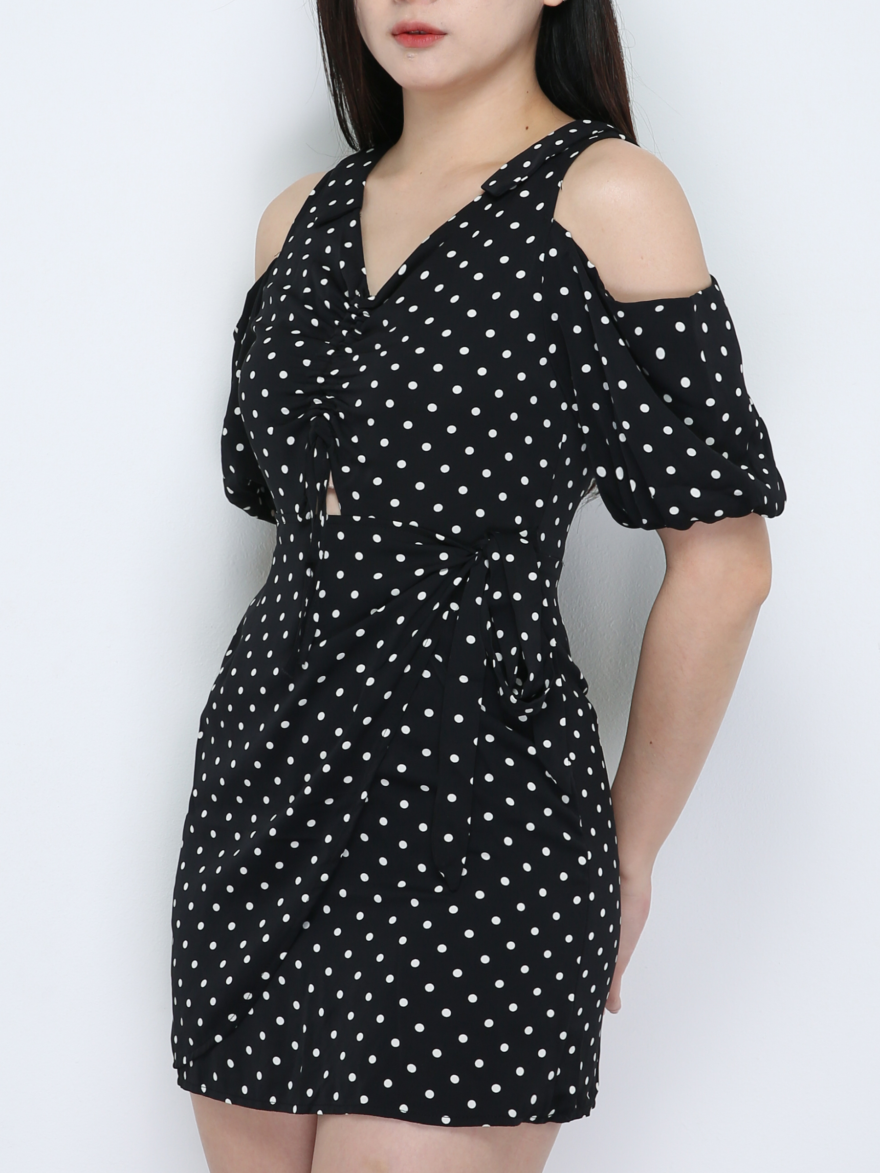 V Neck Polka Dot Drwastring Dress 18880