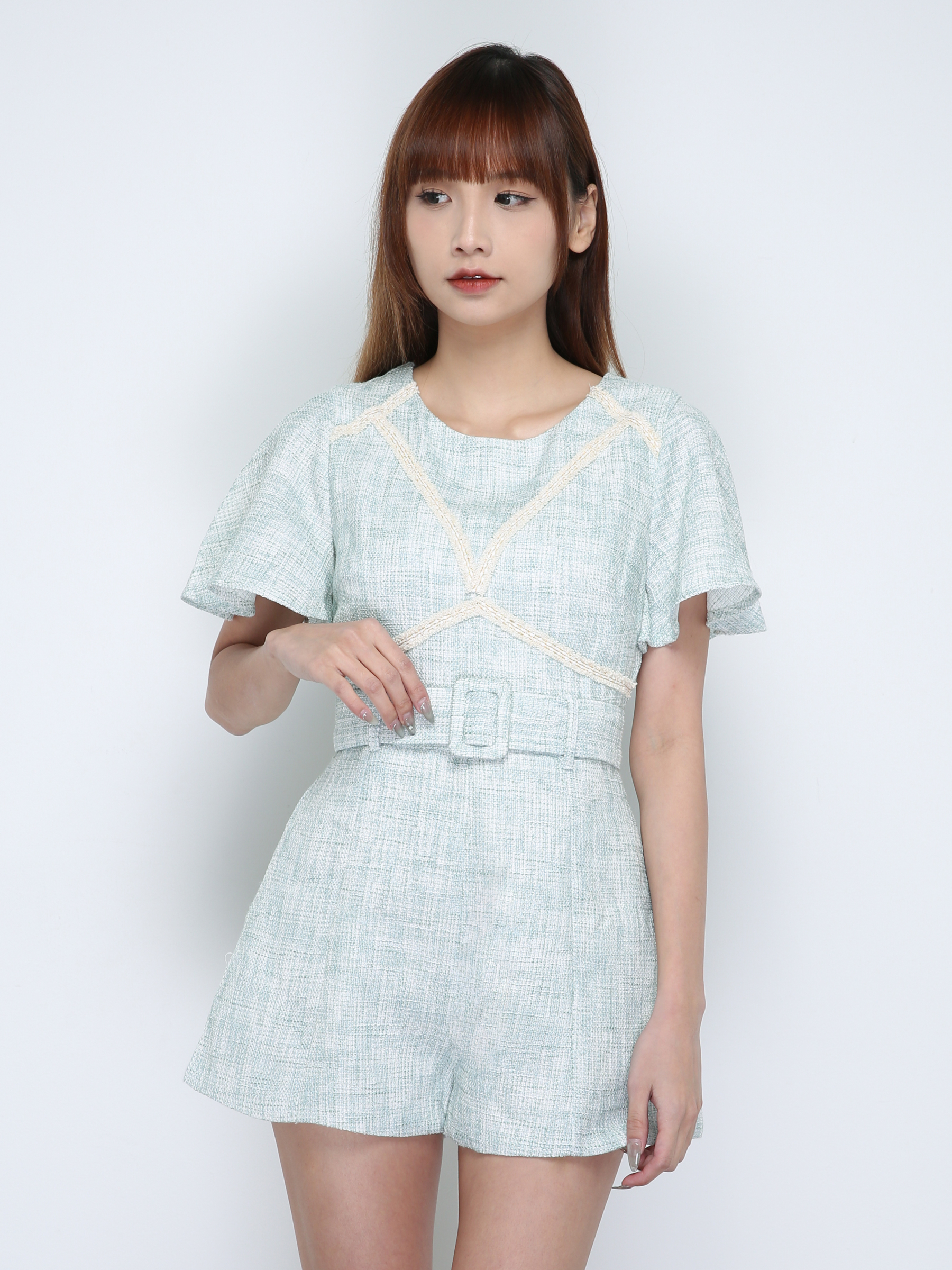 Round Neck Paste Lace Short Sleeve With Belt Jumpsuit 18095