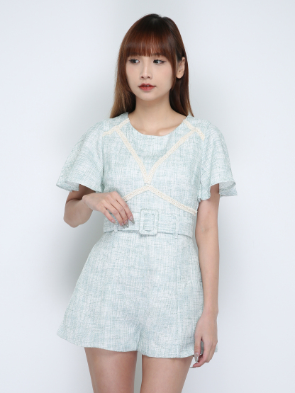 Round Neck Paste Lace Short Sleeve With Belt Jumpsuit 18095