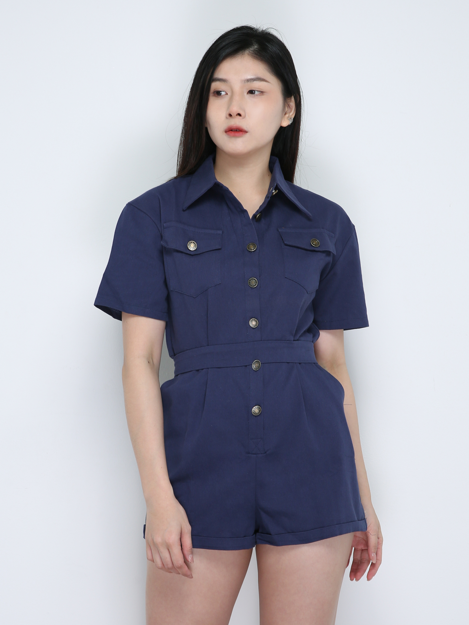 Classic Collar Front Button Front Pocket With Belt Jumpsuits 18877