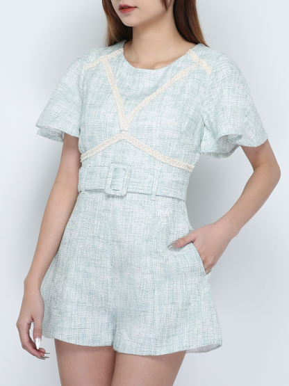 Round Neck Paste Lace Short Sleeve With Belt Jumpsuit 18095