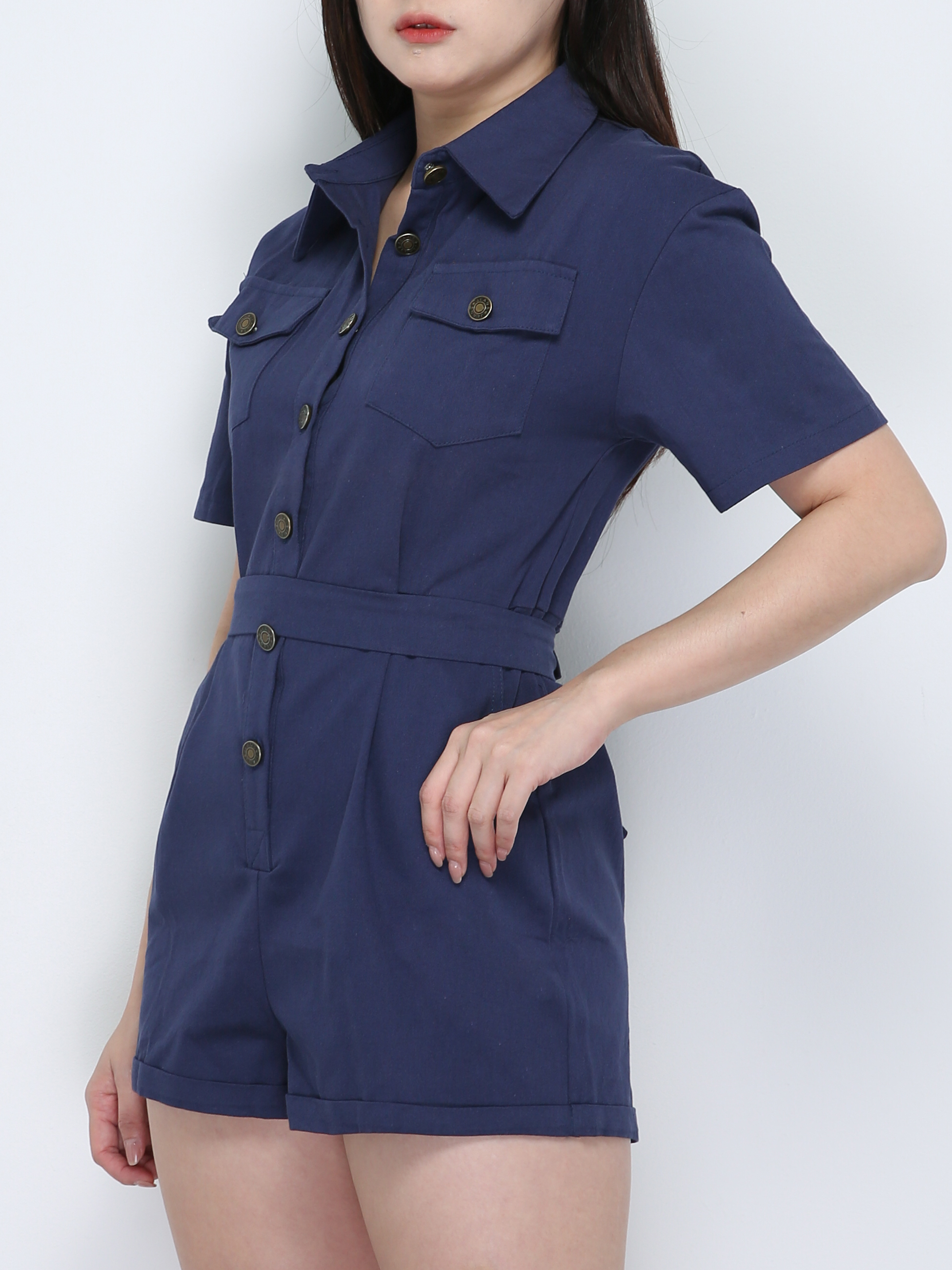 Classic Collar Front Button Front Pocket With Belt Jumpsuits 18877
