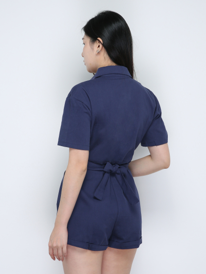 Classic Collar Front Button Front Pocket With Belt Jumpsuits 18877