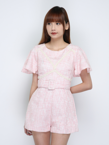 Round Neck Paste Lace Short Sleeve With Belt Jumpsuit 18095